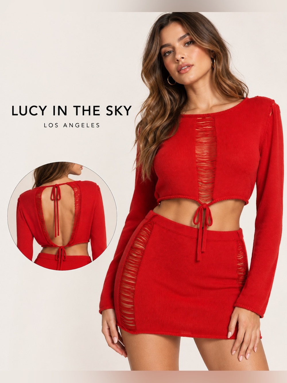 Lucy in the Sky Red Distressed Knit Two-Piece Dress Set Size L NWOT